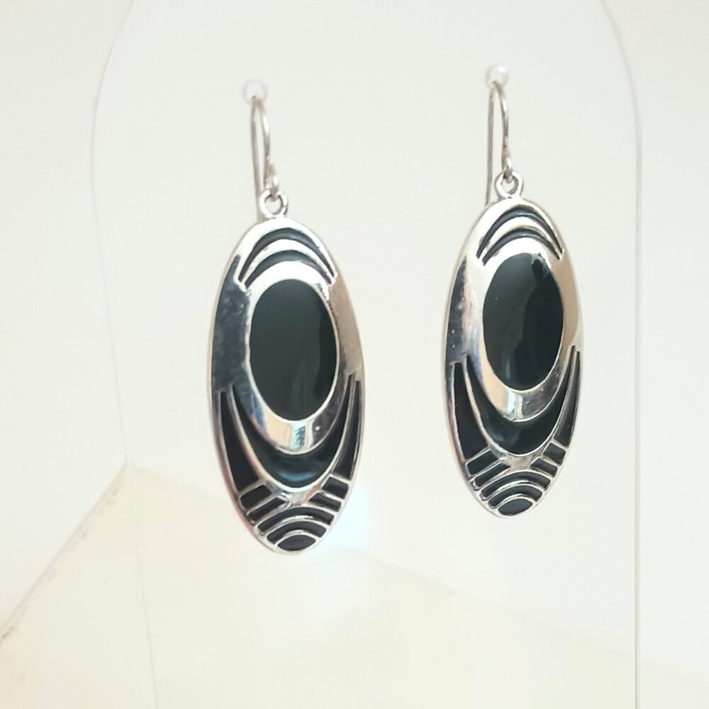 Silver & Black Enamel Drop Earrings Oval Fish Hook Elongated Dangle Jewelry